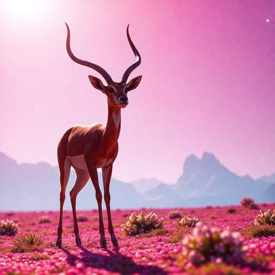 The primary subject of the image is a deer with long horns standing in a field of pink flowers. The setting is a mountainous area with a pink sky in the background. The visual style is a combination of photo and digital art, creating a surreal and dreamy atmosphere. The dominant colors are pink and purple, giving the scene a soft and serene mood.